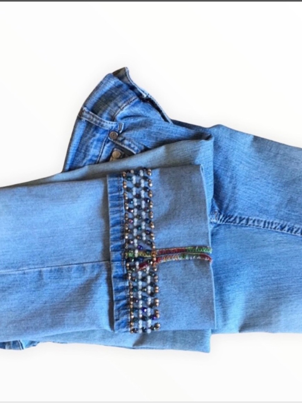 🔴 Curious Beaded-Cuff Medium-Wash Straight Jeans - Picture 6 of 10